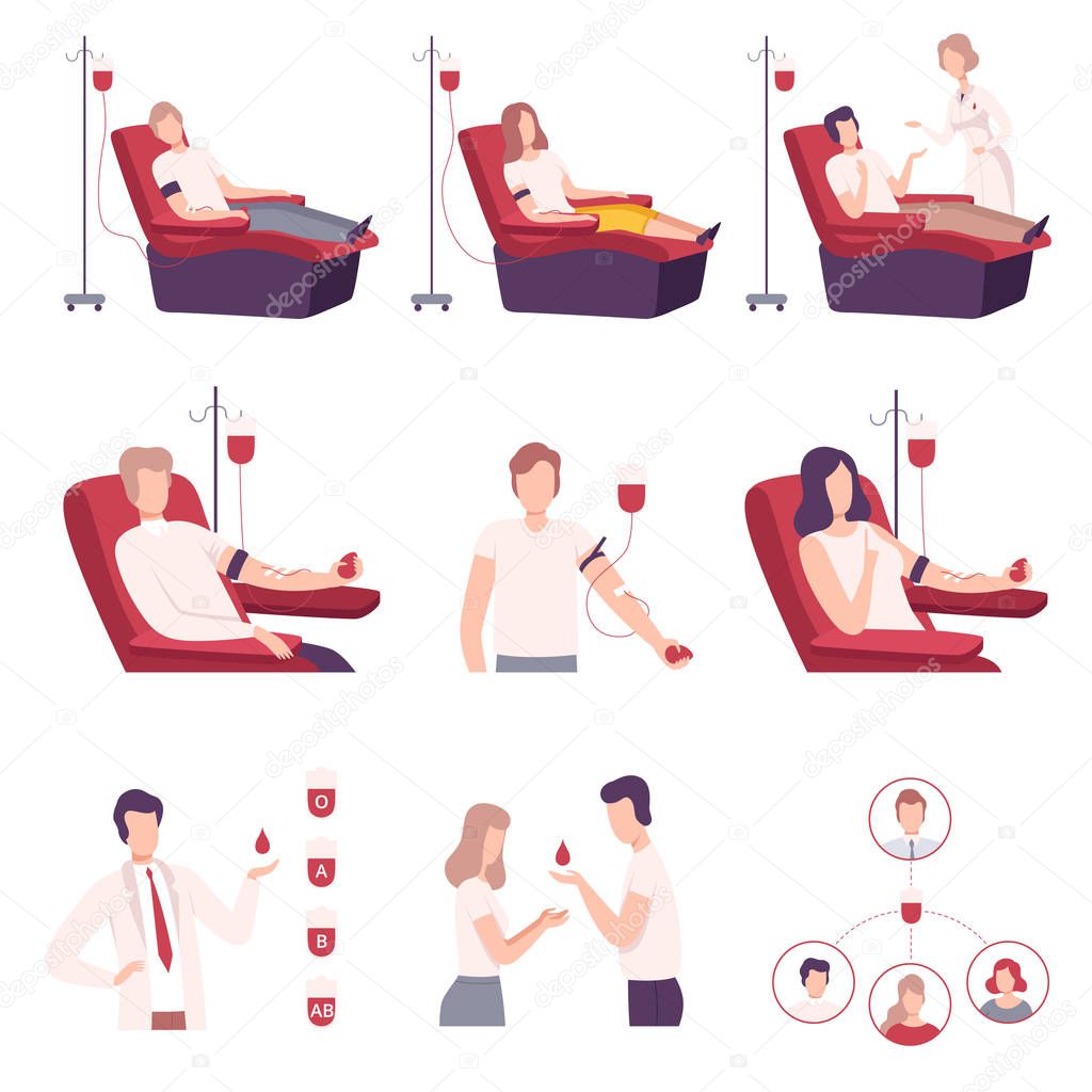 Donors Giving Blood in Medical Hospital Collection, Volunteers Characters Sitting in Medical Chair Donating Blood Flat Vector Illustration