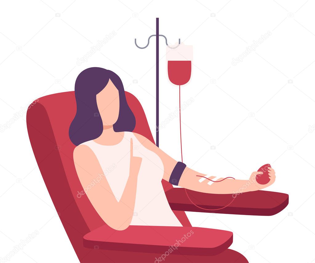 Female Donor Giving Blood in Medical Hospital, Volunteer Character Sitting in Medical Chair, Blood Donation Flat Vector Illustration