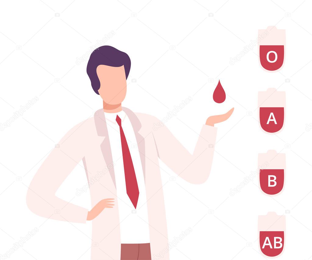 Blood Donation, Male Doctor with Drop of Blood, Bags of Different Types of Blood Vector Illustration