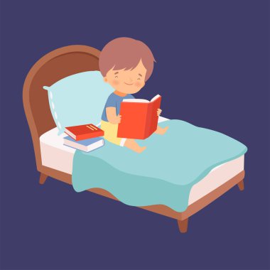 Cute Little Boy Reading Books in the Bed at Night Vector Illustration