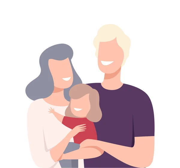 Feliz Familia Amantísima. Sonrientes padres y su hija abrazándose mutuamente Vector Ilustración — Vector de stock