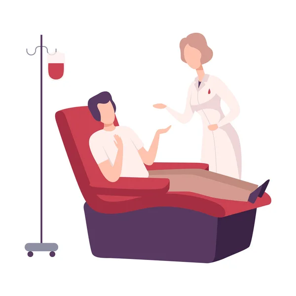 Doador Masculino Doando Sangue no Hospital Médico, Homem sentado em Cadeira Médica, Médica Feminina ou Enfermeira em pé ao lado dele, Doação de Sangue Ilustração vetorial plana — Vetor de Stock