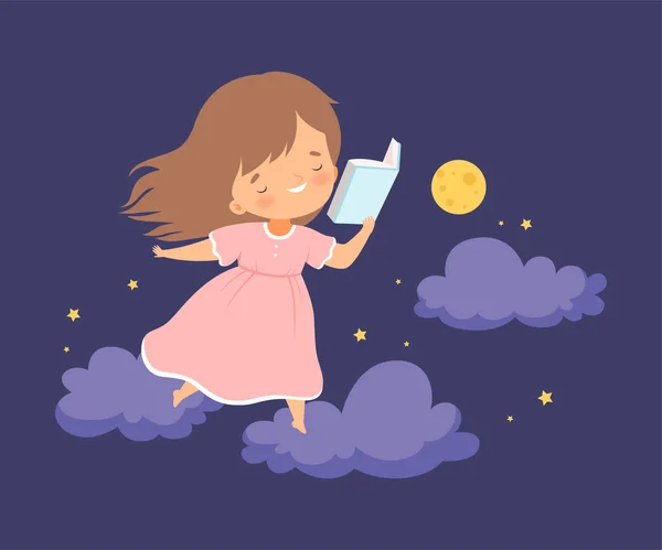 Linda niña sonriente caminando sobre nubes en el cielo nocturno con un libro abierto Vector Ilustración — Archivo Imágenes Vectoriales