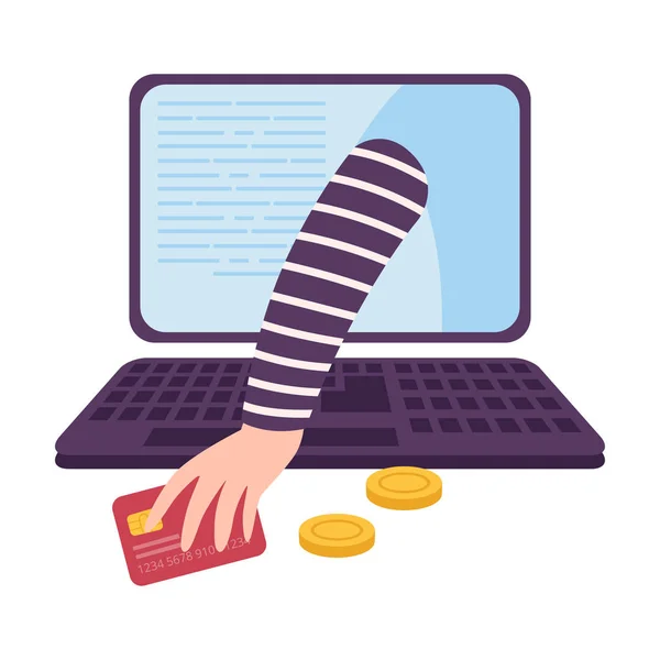 Ladrón robando dinero de la tarjeta de crédito a través de la computadora portátil, Hacking Phishing Attack, Cyber Crime Vector Illustration — Vector de stock