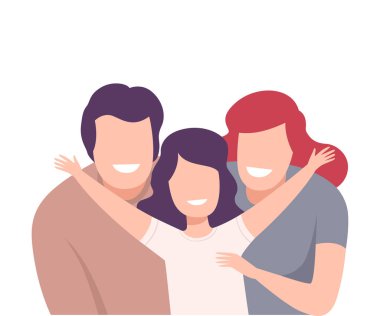 Happy Loving Family. Smiling Parents and Their Daughter Standing Close to Each Other Posing Vector Illustration