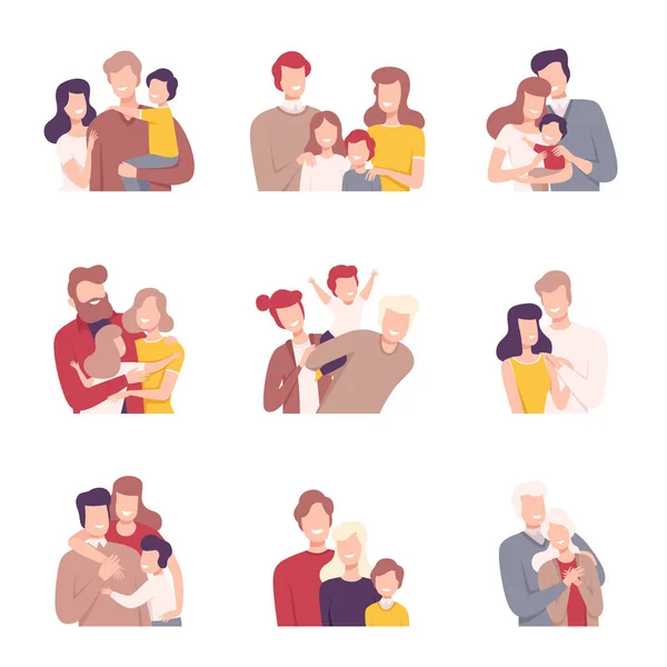 Feliz Familia Amantísima. Sonrientes padres y sus hijos abrazándose mutuamente Vector Illustrations Set — Vector de stock