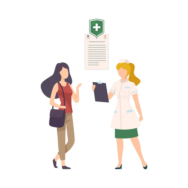 Mujer joven recibiendo consulta en el hospital. Beneficios para la salud Document Vector Illustration — Archivo Imágenes Vectoriales