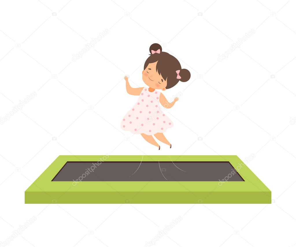 Cute Girl Bouncing on a Trampoline, Happy Kid Trampolining on a Playground, Active Children Leisure Vector Illustration