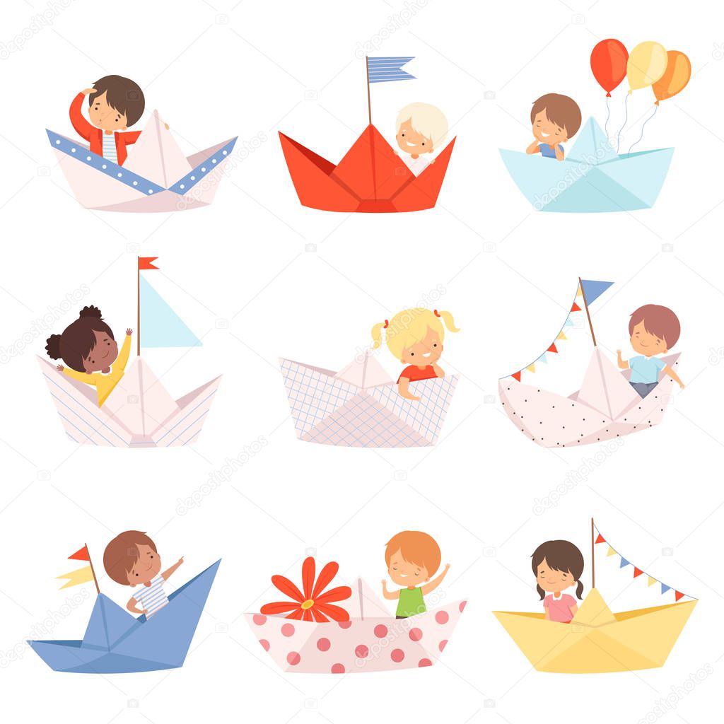 Cute Little Boys and Girls Sailing on Paper Boats Collection Vector Illustration