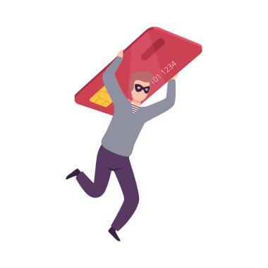 Erkek Hacker Çalıyor Kredi Kartı, Siber İnternet Güvenliği, Bilgisayar Saldırısı Vektör İllüstrasyonu