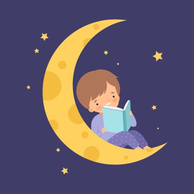 Ay 'da Gece Gökyüzünde oturan ve Kitap Vektörü İllüzyonu okuyan Sevimli Küçük Çocuk