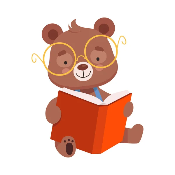 Carácter del oso sonriente que usa gafas Libro de lectura Ilustración vectorial — Vector de stock