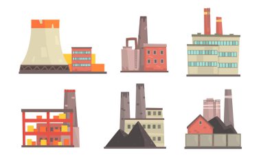 Enerji Santralleri Koleksiyonu, Endüstriyel Manufactory Buildings Vector Illustration