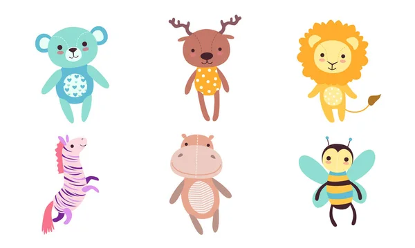 Cute Toy Animals Collection, Bear, Deer, Lion, Zebra, Hippo, Bee Vector Illustration — 스톡 벡터