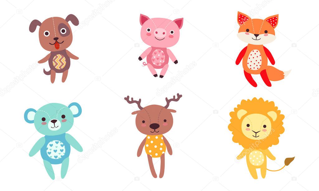 Cute Toy Animals Collection, Dog, Pig, Fox, Bear, Deer, Lion Vector Illustration