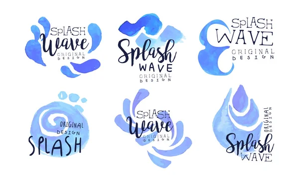 Splash Wave Original Design Labels Collection, Insignias de acuarela con gotas de agua azul Vector Illustration — Archivo Imágenes Vectoriales