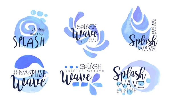 Colección de etiquetas de diseño original Splash Wave, insignias de acuarela con salpicaduras de agua azul Vector Illustration — Archivo Imágenes Vectoriales
