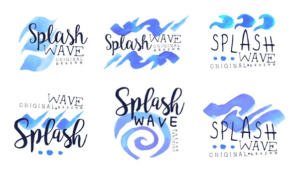Colección de etiquetas Splash Wave, Insignias azules con salpicaduras de agua Ilustración vectorial — Archivo Imágenes Vectoriales