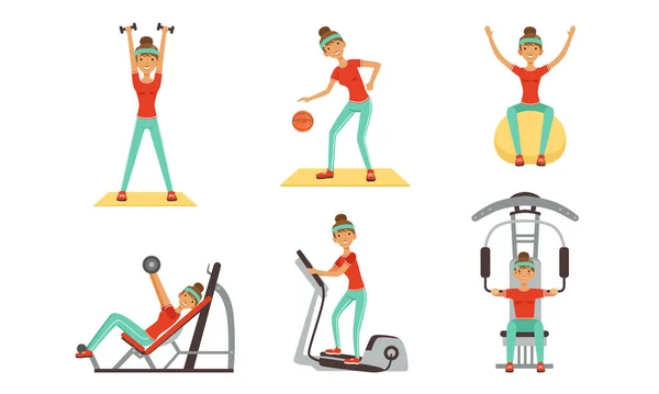 Young Woman Doing Different Sport Exercises Collection, Sportive Girl Working Out in Ftness Club or Gym Vector Illustration — Stock Vector