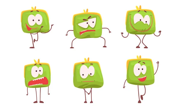 Grappig Humanized Portemonnee Collectie, Groene Portemonnee Karakter met verschillende emoties Vector Illustratie — Stockvector