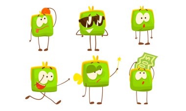 Çeşitli Duygular Koleksiyonlu Yeşil İnsanlaştırılmış Çanta, Komik Yüzler Vektör Resimli Cüzdan Çizgi Karakteri