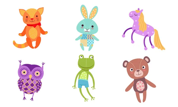 Cute Toy Animals Collection, Owl, Frog, Bear, Cat, Bunny, Horse Vector Illustration — стоковий вектор