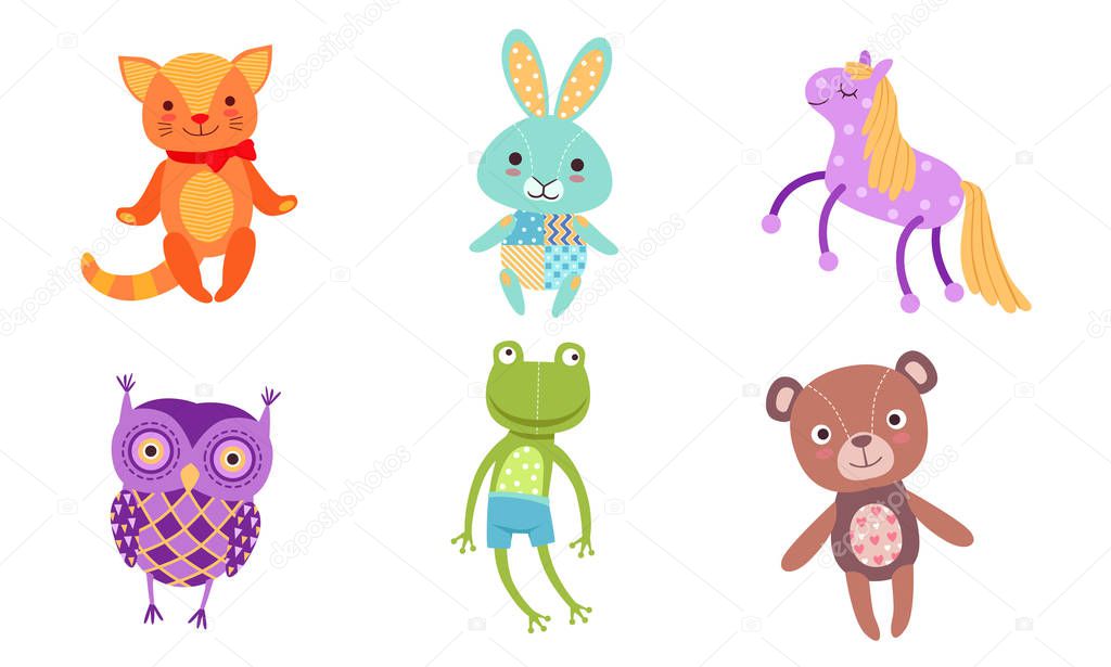 Cute Toy Animals Collection, Owl, Frog, Bear, Cat, Bunny, Horse Vector Illustration