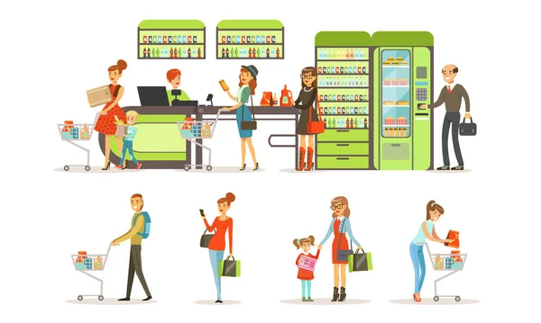 Menschen, die in einem Einkaufszentrum einkaufen, Kunden, die Lebensmittel im Laden kaufen Vektor Illustration — Stockvektor