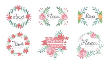 Çiçekçi Logosu Şablonu Ayarları, Pembe Renk Vektör Resimlerinin Çiçekçi Butik Rozetleri