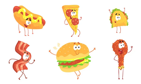 Colección de personajes de dibujos animados divertidos de comida rápida, Hot Dog, Pizza, Tako, rebanada de jamón, hamburguesa, palillo de pollo, café o restaurante — Vector de stock