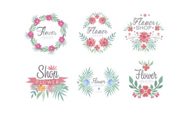 Çiçekçi Logosu Şablonu Ayarları, Çiçekçi Butik Çelenk Rozetleri, Amblemler, Logotype Vektör Resimleri