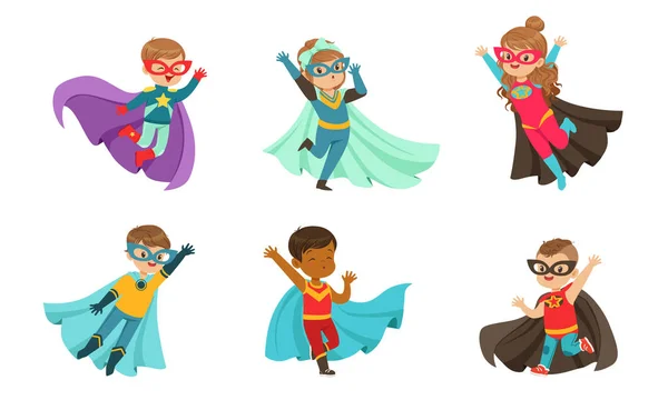 Adorable Kid Superheroes Collection, Cute Little Boys and Girls Wearing Colorful Comics Costumes and Masks, Birthday Party, Festival Design Element Vector Illustration — 스톡 벡터