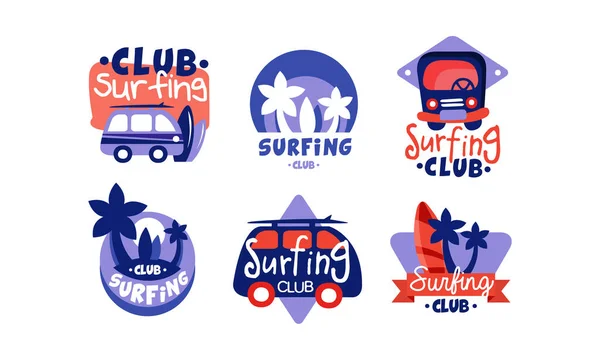 Surfclub Logo Design Kollektion, helle Surfabzeichen, Embleme Vektor Illustration — Stockvektor