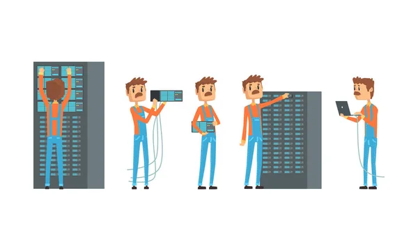 Ingeniero de red que trabaja en conjunto de centros de datos, técnico informático o administrador de sistemas involucrado en el mantenimiento de módulos de sistema, ilustración de vectores de servicio de red — Archivo Imágenes Vectoriales