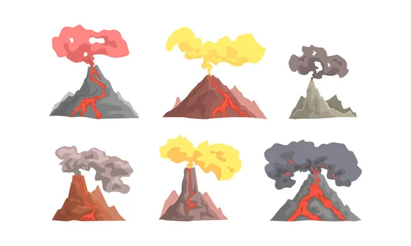 Sammlung von Vulkanausbrüchen, Magma explodiert, Lava fließt Vektorillustration herunter — Stockvektor