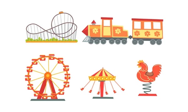 Atracciones del Parque de Atracciones Colección, Feria, Carnaval, Elementos de diseño de circo con carruseles, Montaña rusa, Ilustración de vectores de tren — Archivo Imágenes Vectoriales