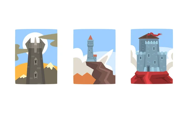 Colección de castillos y torres medievales de piedra, edificios antiguos en verano Naturaleza Paisaje Vector Ilustración — Vector de stock