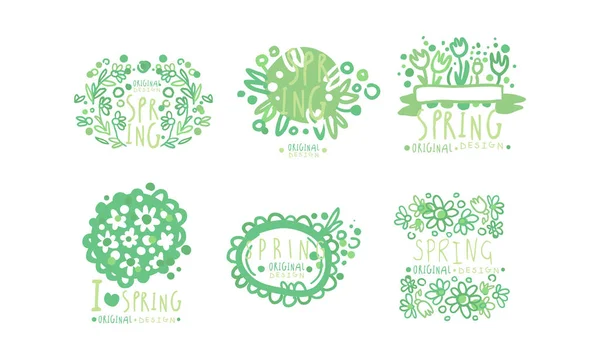 Spring Logo Templates Originele Design Collectie, I love Spring Green Hand Drawn Badges Vector Illustratie — Stockvector