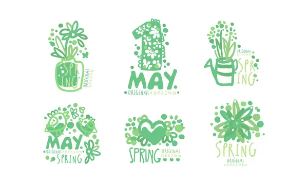 Lente Logo Templates Originele Design Collectie, 1 mei Groene Handgetekende Badges Vector Illustratie — Stockvector