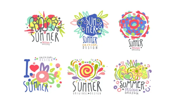 Summer Logo Original Design Collection, Summertime Bright Kolorowe Ręcznie rysowane Odznaki Wektor Ilustracja — Wektor stockowy