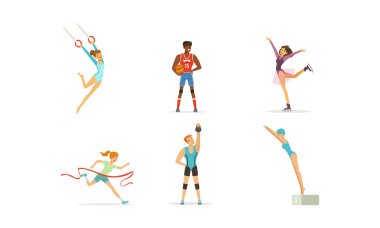Farklı Spor Seti, Erkek ve Kadın Profesyonel Atletizm Karakterleri Koşan, Artistik Patinaj, Beyzbol Oynayan, Yüzen, Yüzen, Kettlebell Vector Illustration