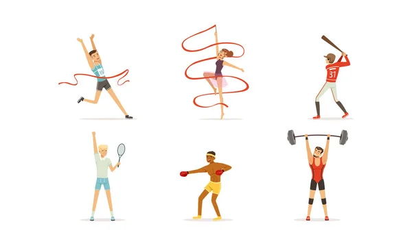 Personas que hacen diferentes tipos de deportes, atletas profesionales personajes corriendo, levantando barras, boxeo, jugando béisbol Vector Ilustración — Archivo Imágenes Vectoriales