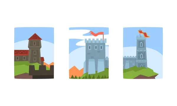 Medieval Stone Castles and Towers with Flags Collection, Ancient Buildings on Summer Nature Landscape Vector Illustration — Stock Vector