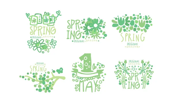 Lente Logo Original Design Collectie, 1 mei Groen met de hand getekend Grafische Templates Vector Illustratie — Stockvector