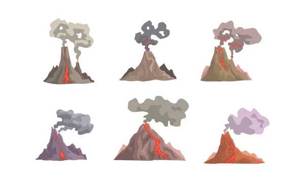 Коллекция извержений вулкана, вулканическая магма, взрывающаяся с помощью лавы, текущей вниз по векторной иллюстрации — стоковый вектор