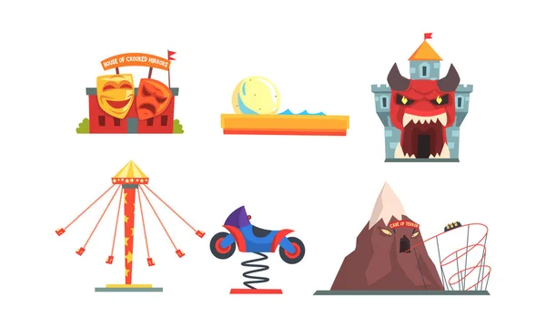 Amusement Park with Family Attractions Collection, Funfair, Carnival, Circus Design Elements Vector Illustration — 스톡 벡터