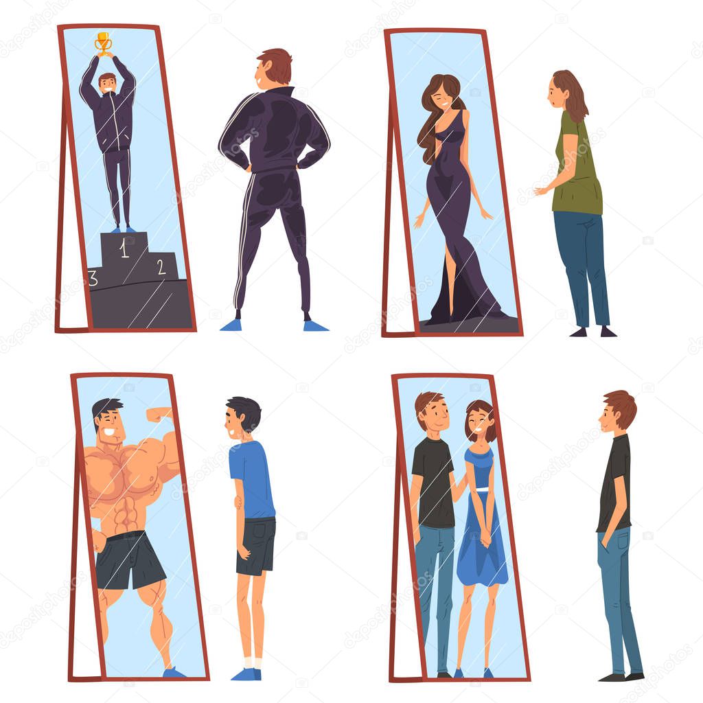 Collection of People Standing in Front of Mirrors Looking at Their Reflection and Imagine Themselves as Successful, Ordinary Men and Woman Seeing Themselves Differently in Mirror Vector Illustration