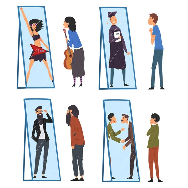 Samling av mennesker som står foran speilet og ser på seg selv som suksessive, attraktive, menn og kvinner som ser seg selv annerledes i speilet Illustrasjon. – stockvektor