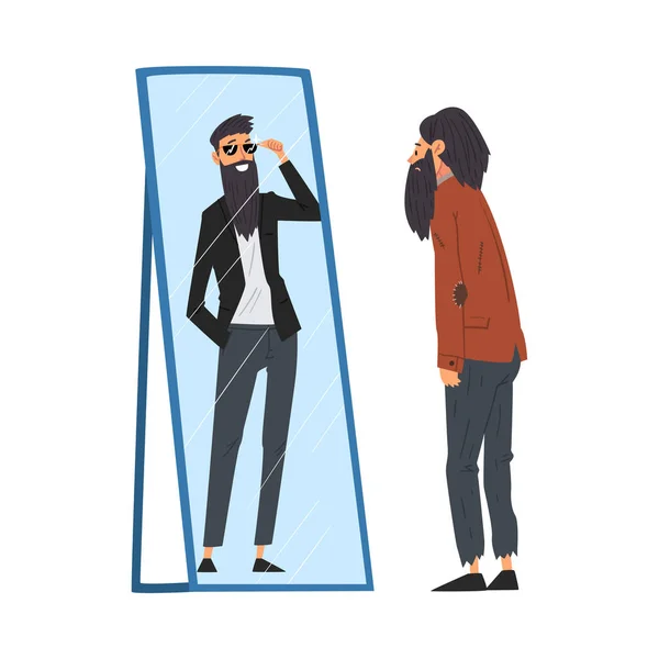 Hipster Man Standing in Front of Mirror Looking at His Reflection and Imagine Himself as Successful and Attractive, Man Seeing Himself Differently in Mirror Vector Illustration — Stock Vector