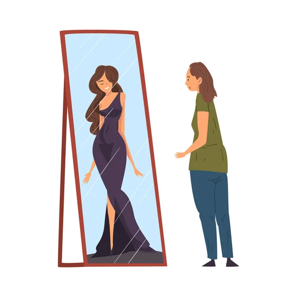 Overweight Woman Standing in Front of Mirror Looking at her Reflection and Imagine Herself as Slim, Woman Seeing Herself Differently in the Mirror Vector Illustration — Stock Vector